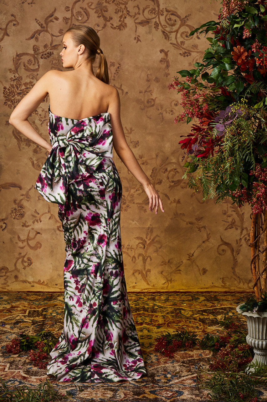 Strapless Floral Print Bow Back Gown by ...